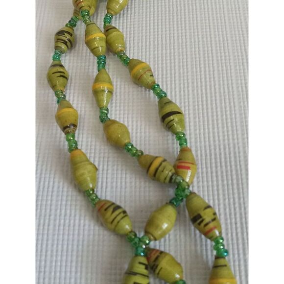 Bright Green Striped Paper and Seed Beaded Lightweight Triple Strand Necklace - Picture 6 of 9